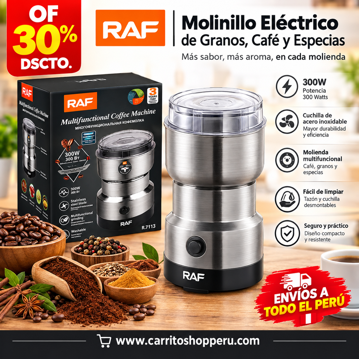 Molinillo Eléctrico RAF 300W para Café, Granos y Especia