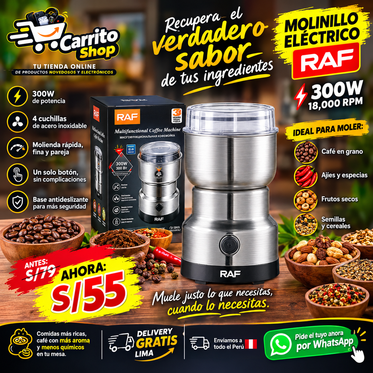 Molinillo Eléctrico RAF 300W para Café, Granos y Especia